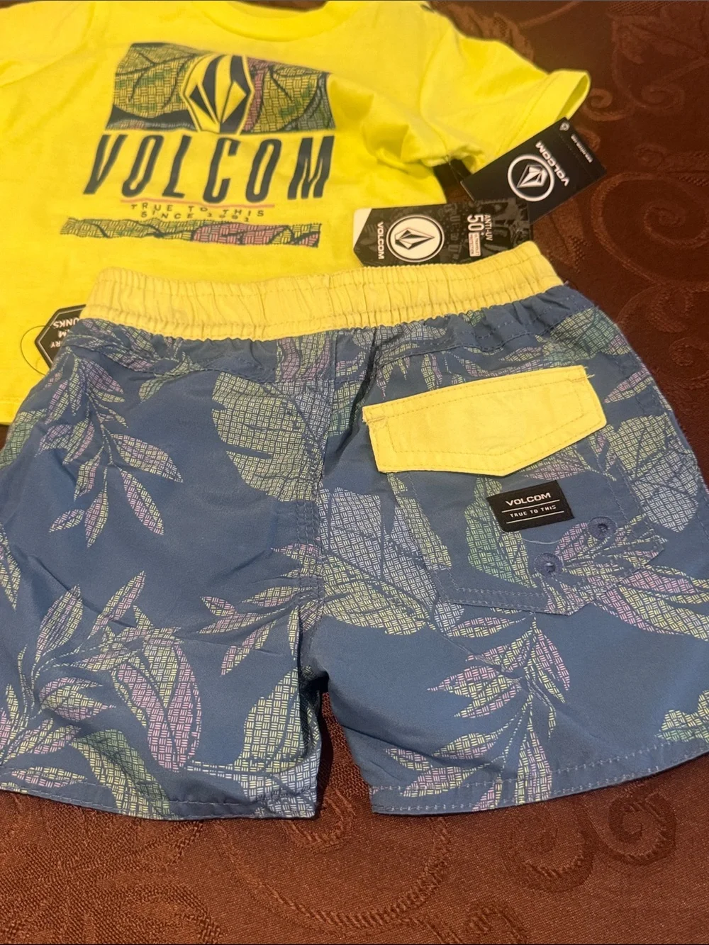 Volcom Boys Neon Lime Tee with Blue Leaf Swim Shorts